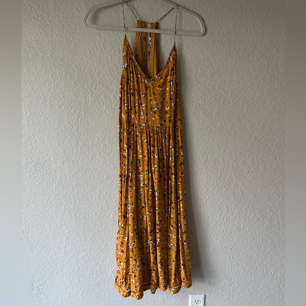 Cooperative Mustard Yellow Floral Midi Dress Spaghetti Strap Open Back – Size 8